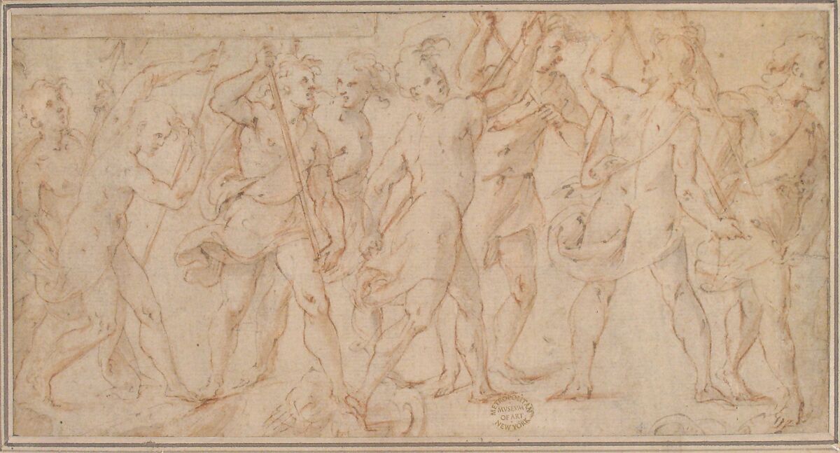 Procession of figures, Carlo Urbino (Italian, Crema ca. 1510/20–after 1585 Crema), Pen and brown ink, brush and pale brown wash, over red chalk