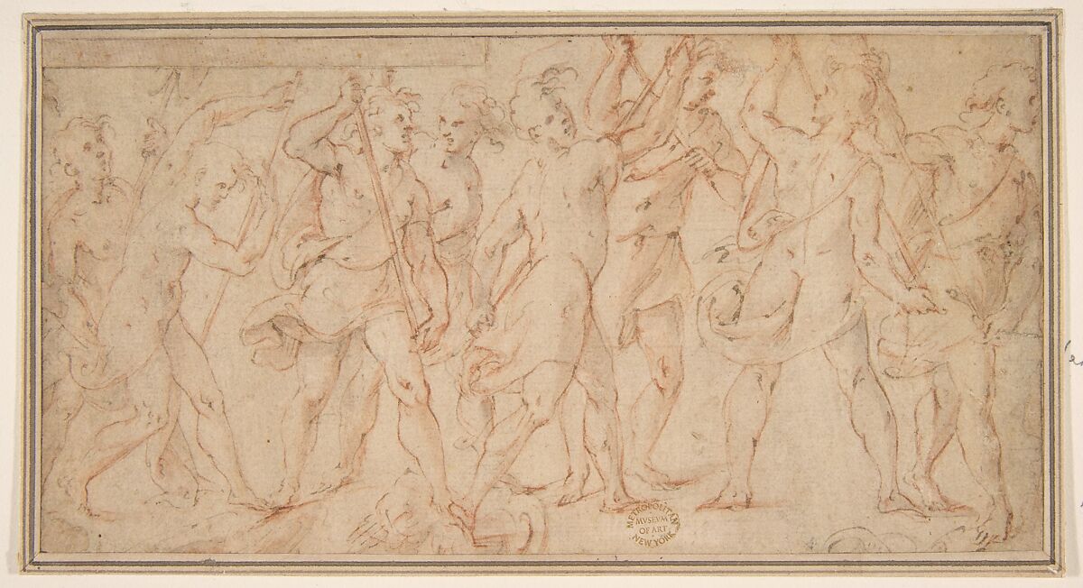 Procession of figures, Carlo Urbino (Italian, Crema ca. 1510/20–after 1585 Crema), Pen and brown ink, brush and pale brown wash, over red chalk 