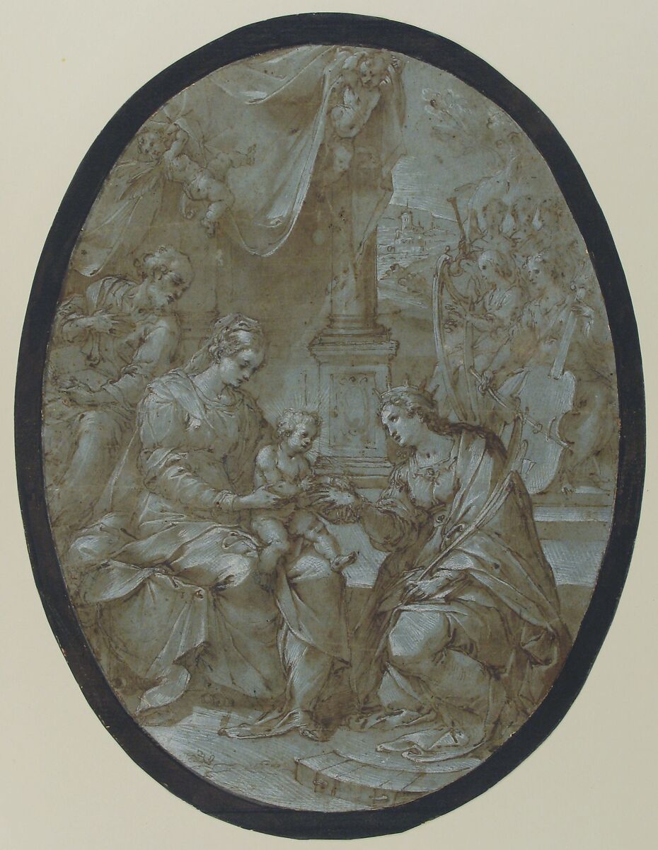 The Mystic Marriage of Saint Catherine of Alexandria, Avanzino Nucci (Italian, Gualdo Tadino (Province of Perugia) 1551–1629 Rome), Pen and brown ink, brush and brown wash, highlighted with white, over traces of black chalk, on blue paper