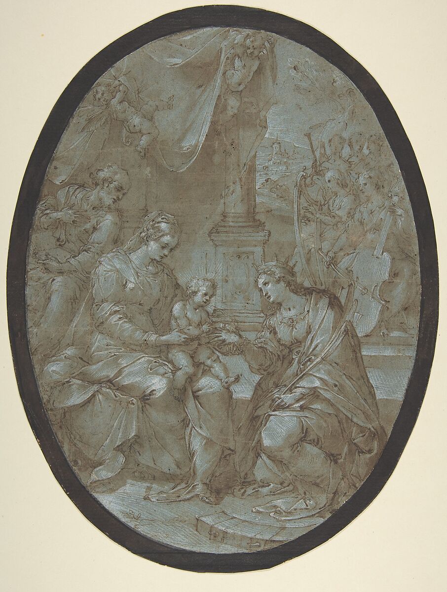 The Mystic Marriage of Saint Catherine of Alexandria, Avanzino Nucci (Italian, Gualdo Tadino (Province of Perugia) 1551–1629 Rome), Pen and brown ink, brush and brown wash, highlighted with white, over traces of black chalk, on blue paper 