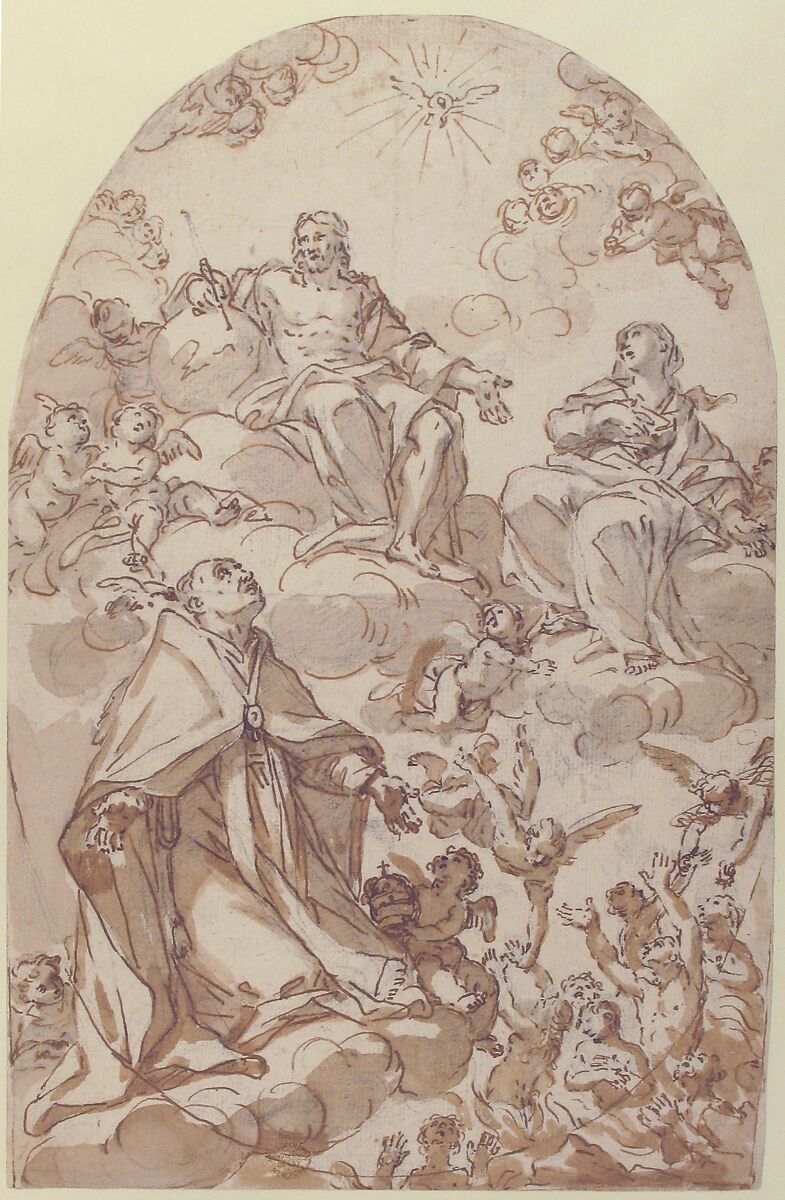 Saint Gregory the Great Interceding for Souls in Purgatory, Giovanni Odazzi (Italian, Rome 1663–1731 Rome), Pen and brown ink, brush and brown wash, over black chalk
