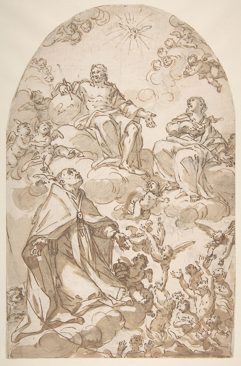 Saint Gregory the Great Interceding for Souls in Purgatory, Giovanni Odazzi (Italian, Rome 1663–1731 Rome), Pen and brown ink, brush and brown wash, over black chalk 