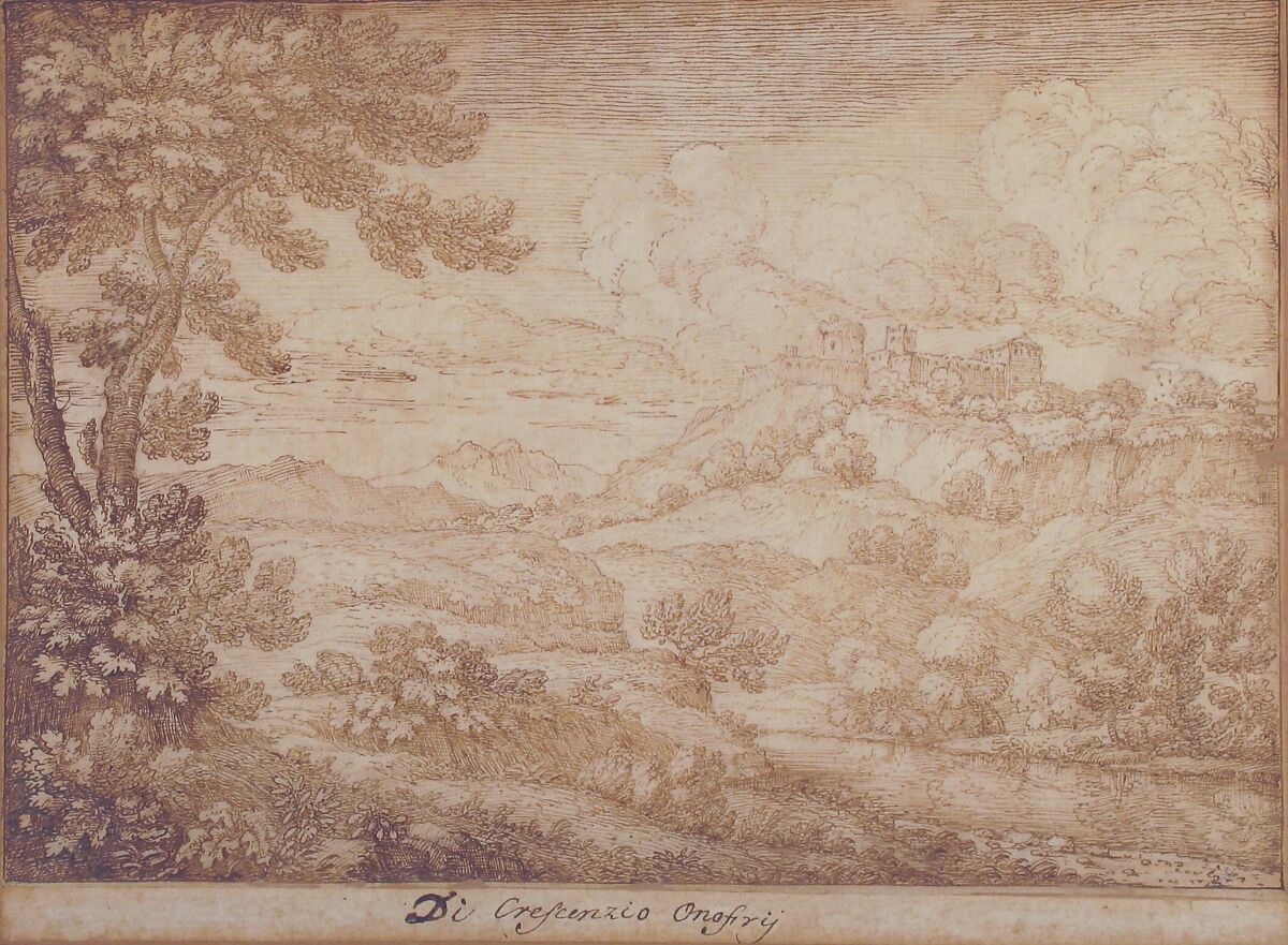 Landscape with a Castle on a Hill, Crescenzio Onofri (Italian, Rome after 1632–after 1712 Florence), Pen and brown ink