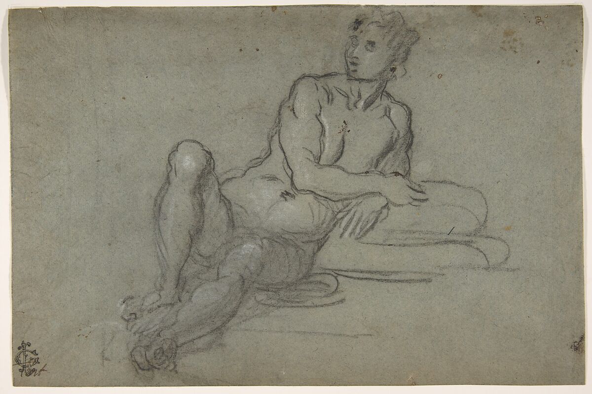 Reclining Female Nude Figure, Domenico Tintoretto (Italian, Venice 1560–1635 Venice), Black chalk, highlighted with white, on blue paper 
