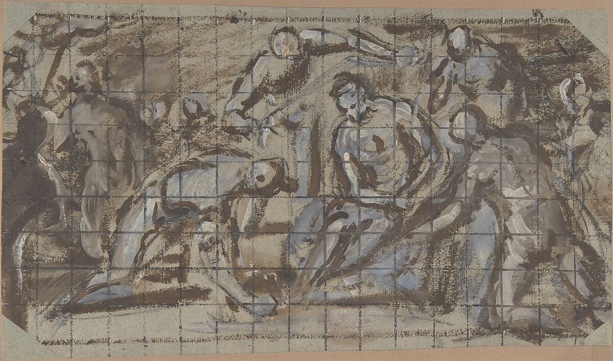 The Mocking of Christ, Domenico Tintoretto (Italian, Venice 1560–1635 Venice), Black chalk, brush and brown ink, gray and white oil paint, on blue paper; squared in black chalk 
