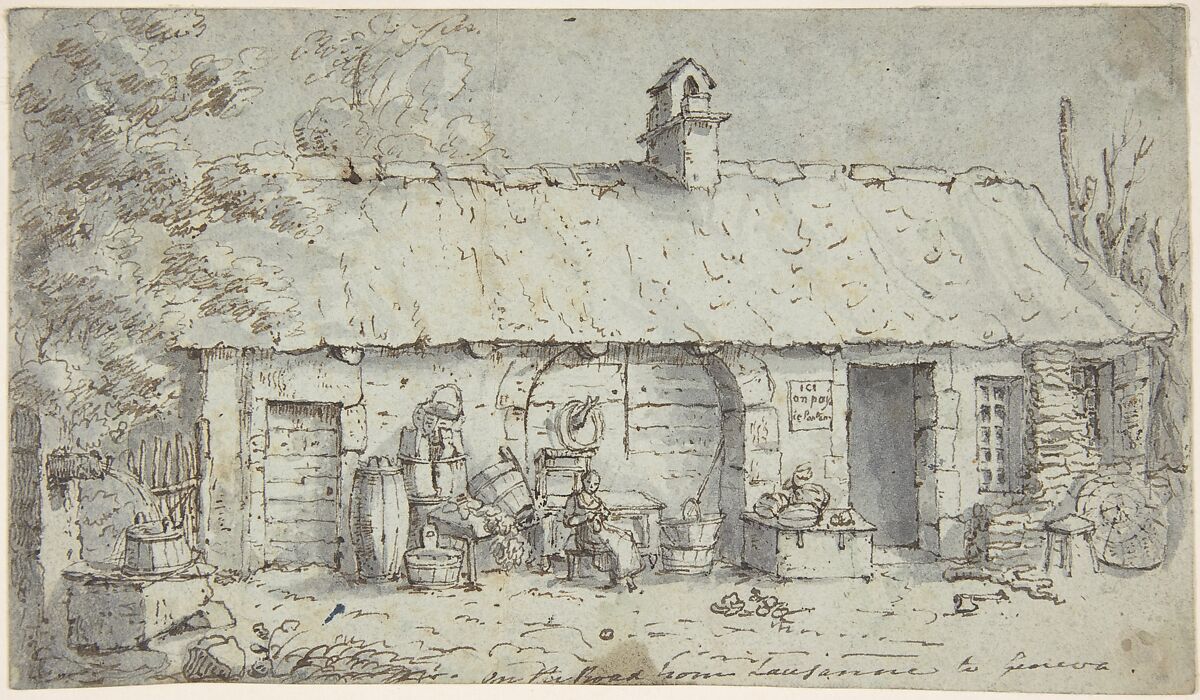 Cottage on the Road from Lausanne to Geneva, Possibly by Joseph Farington (British, Leith, Lancashire 1747–1821 Didsbury, Lancashire), Pen and brown ink, brush and gray wash, on light green paper 