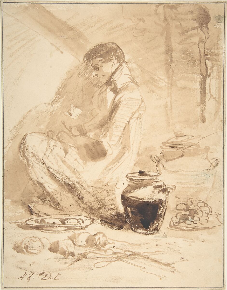 Man Sitting on the Ground with Jars and Food, Anonymous, British, 19th century, Brush and brown ink 