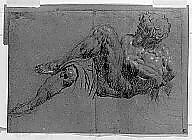 Study after Michelangelo's Giorno (recto and verso), Jacopo Tintoretto (Jacopo Robusti) (Italian, Venice 1518/19–1594 Venice), Black and white chalk on blue paper