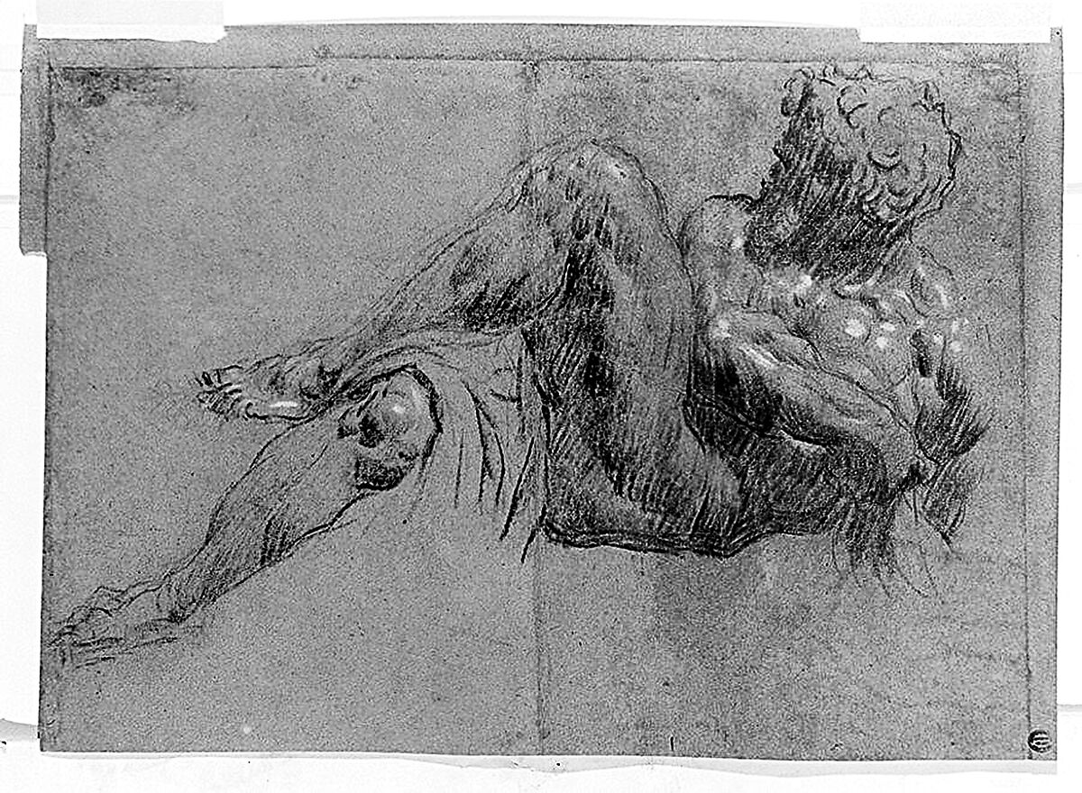Study after Michelangelo's Giorno (recto and verso), Jacopo Tintoretto (Jacopo Robusti) (Italian, Venice 1518/19–1594 Venice), Black and white chalk on blue paper