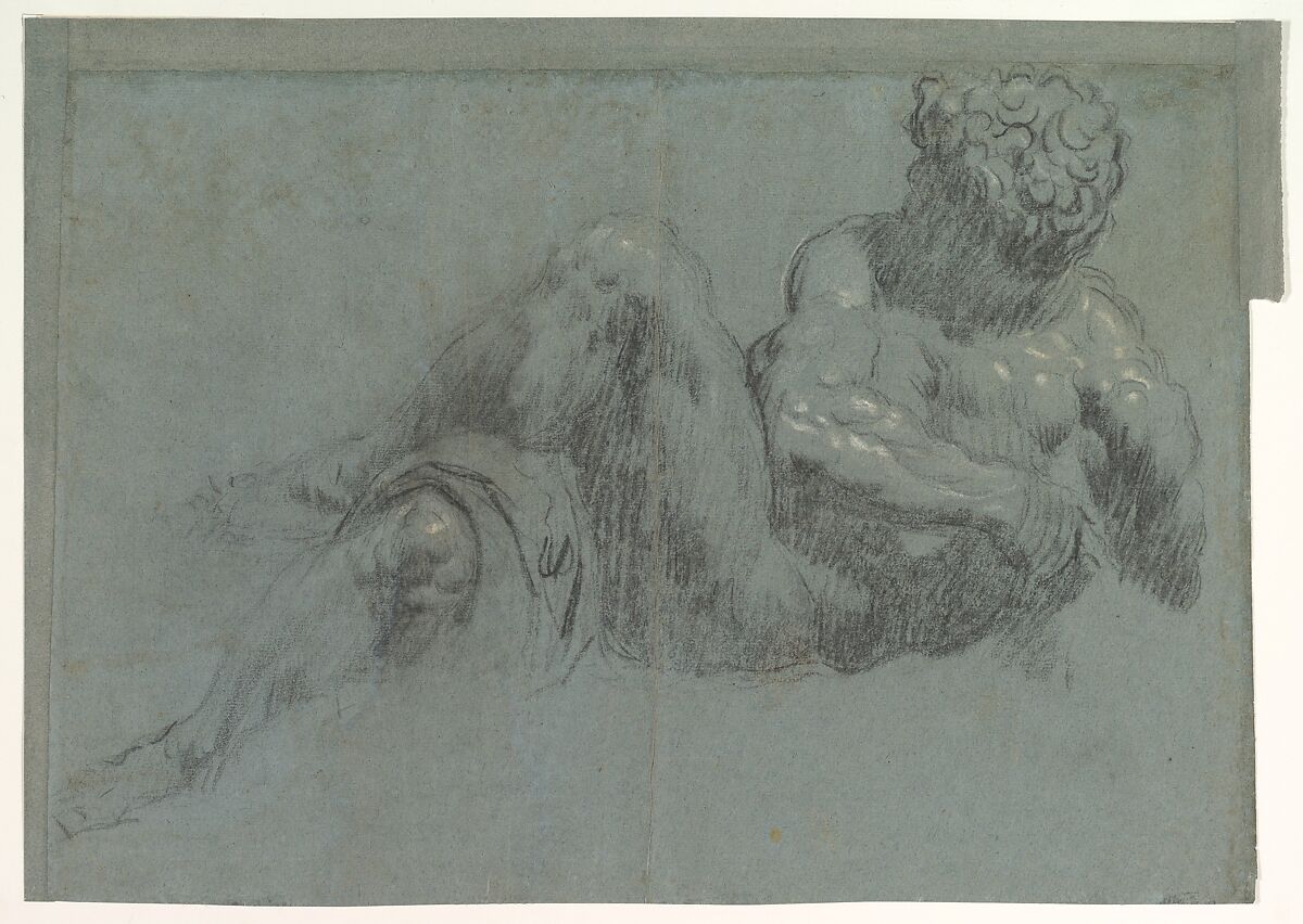 Study after Michelangelo's Giorno (recto and verso), Jacopo Tintoretto (Jacopo Robusti) (Italian, Venice 1518/19–1594 Venice), Black and white chalk on blue paper 