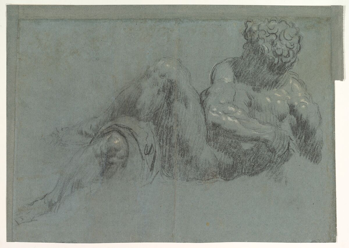 Study after Michelangelo's Giorno (recto and verso), Jacopo Tintoretto (Jacopo Robusti)  Italian, Black and white chalk on blue paper