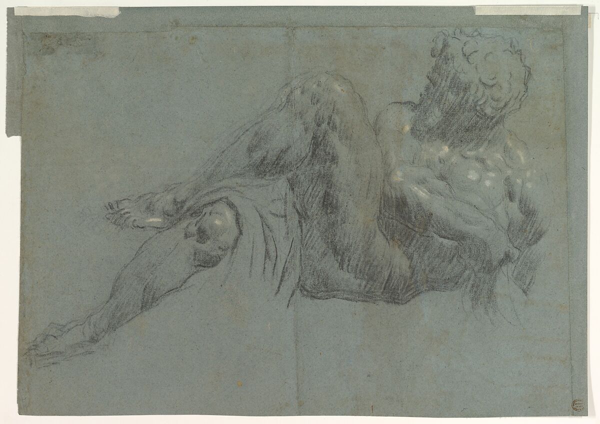 Study after Michelangelo's Giorno (recto and verso), Jacopo Tintoretto (Jacopo Robusti) (Italian, Venice 1518/19–1594 Venice), Black and white chalk on blue paper