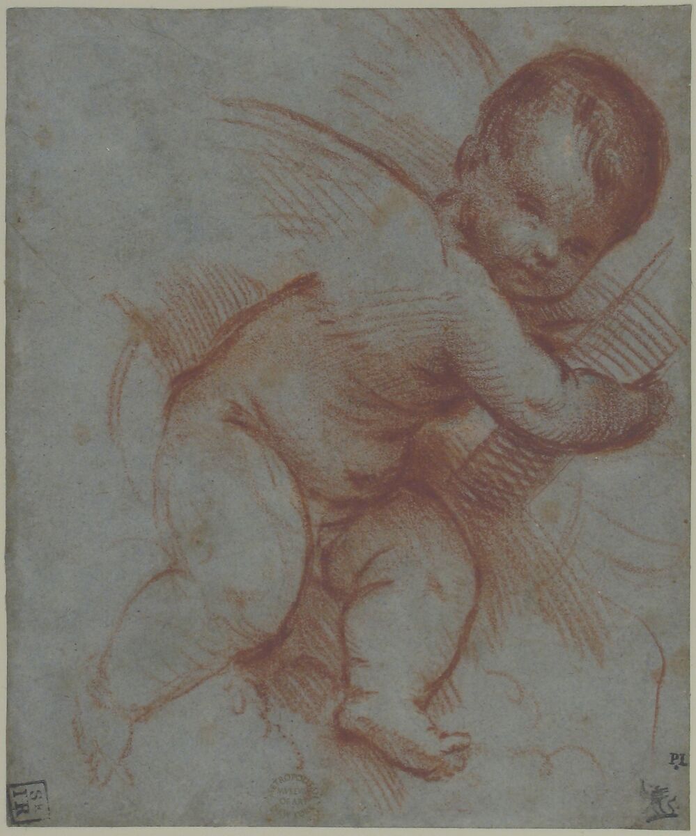Winged Putto Holding the Base of a Cross, Circle of Titian (Tiziano Vecellio) (Italian, Pieve di Cadore ca. 1485/90?–1576 Venice), Red chalk, heightened with white, on blue-gray paper