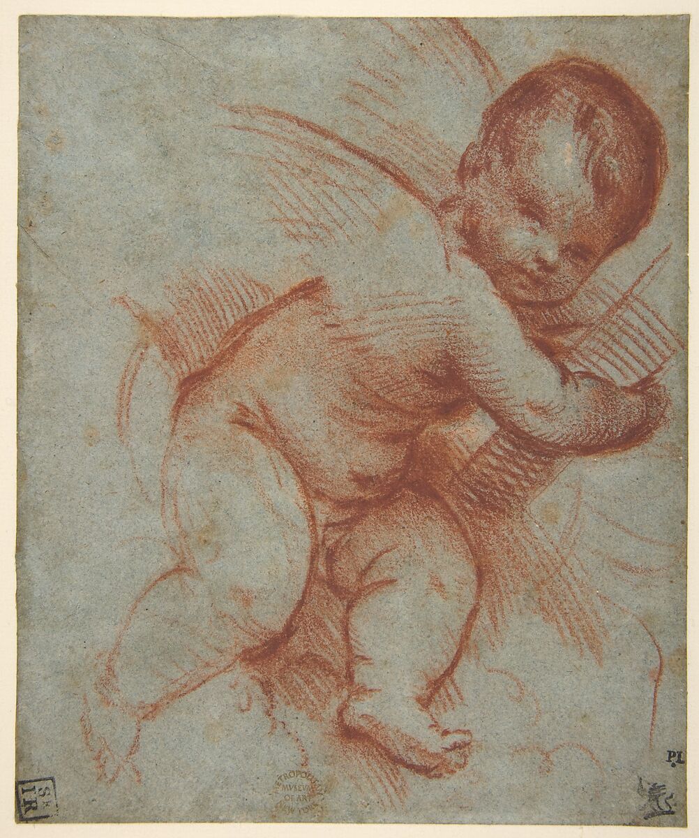 Winged Putto Holding the Base of a Cross, Circle of Titian (Tiziano Vecellio) (Italian, Pieve di Cadore ca. 1485/90?–1576 Venice), Red chalk, heightened with white, on blue-gray paper 