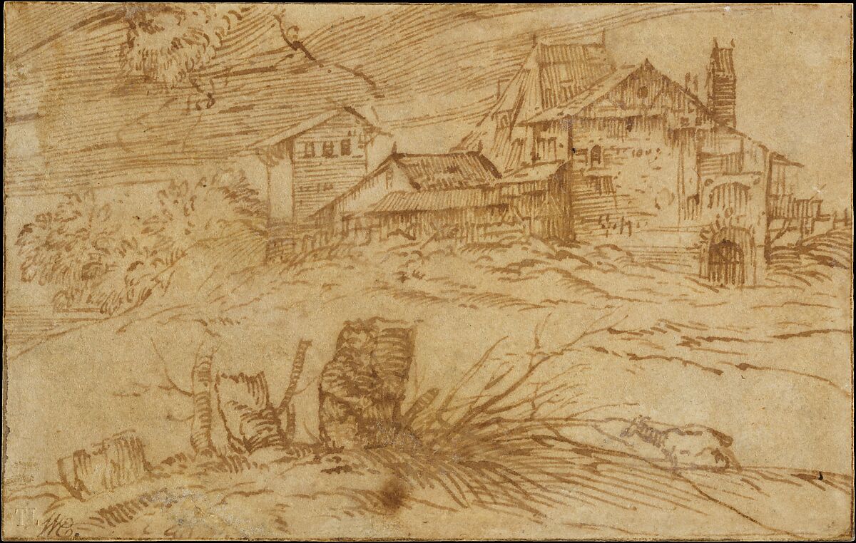 Landscape with a Goat, Titian (Tiziano Vecellio) (Italian, Pieve di Cadore ca. 1485/90?–1576 Venice), Pen and brown ink; framing lines in pen and brown ink