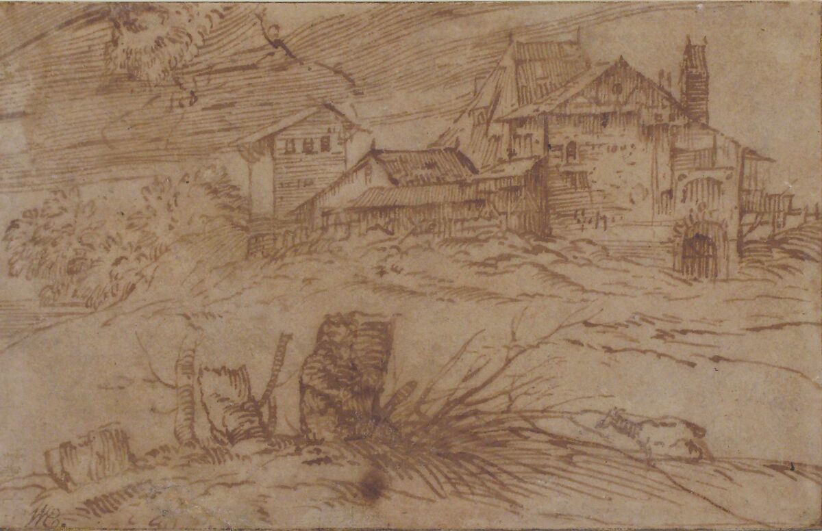 Landscape with a Goat, Titian (Tiziano Vecellio) (Italian, Pieve di Cadore ca. 1485/90?–1576 Venice), Pen and brown ink; framing lines in pen and brown ink