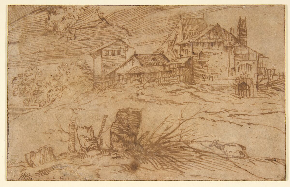 Landscape with a Goat, Titian (Tiziano Vecellio) (Italian, Pieve di Cadore ca. 1485/90?–1576 Venice), Pen and brown ink; framing lines in pen and brown ink 