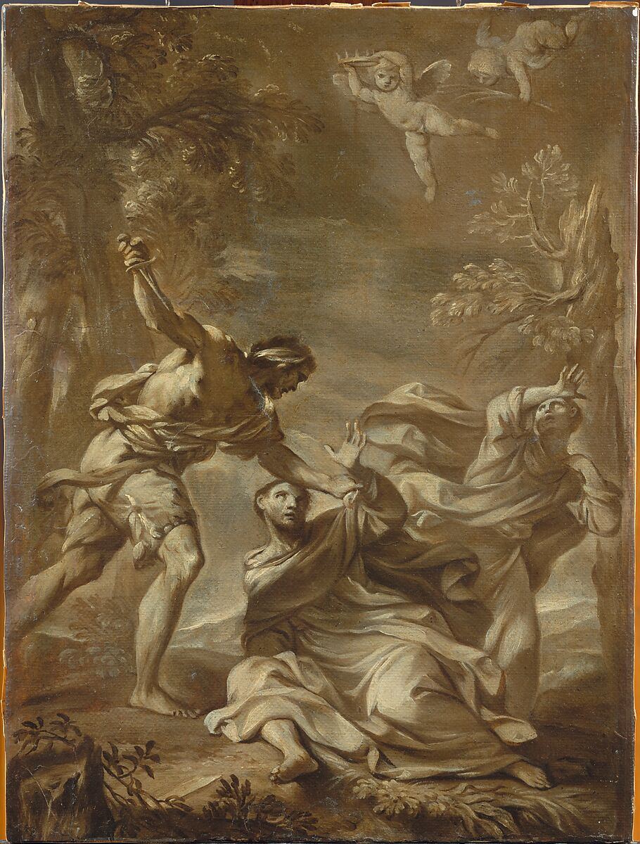 Death of Saint Peter Martyr, Felice Torelli (Italian, Verona 1667–1748 Bologna), Brown and cream oil paint on paper, laid down on canvas.  Varnished
