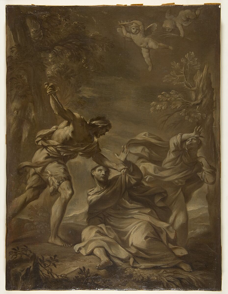 Death of Saint Peter Martyr, Felice Torelli (Italian, Verona 1667–1748 Bologna), Brown and cream oil paint on paper, laid down on canvas.  Varnished 