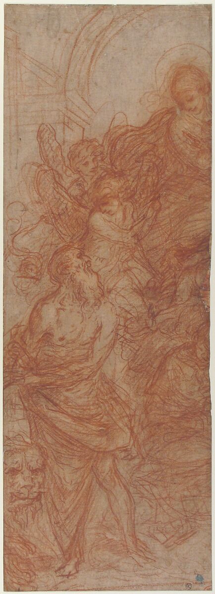 The Virgin Appearing to Saint Jerome (recto); Head of a Young Woman with Braided Hair, Flaminio Torre (Torri) (Italian, Bologna 1620–1661 Modena), Red chalk on brownish paper