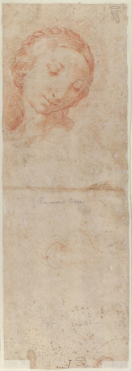 The Virgin Appearing to Saint Jerome (recto); Head of a Young Woman with Braided Hair, Flaminio Torre (Torri) (Italian, Bologna 1620–1661 Modena), Red chalk on brownish paper