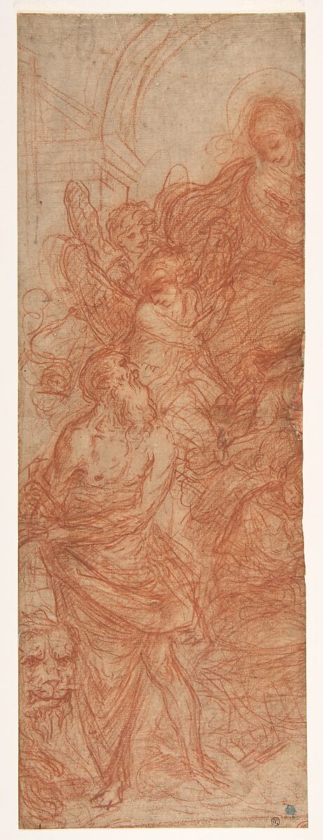 The Virgin Appearing to Saint Jerome (recto); Head of a Young Woman with Braided Hair, Flaminio Torre (Torri) (Italian, Bologna 1620–1661 Modena), Red chalk on brownish paper 