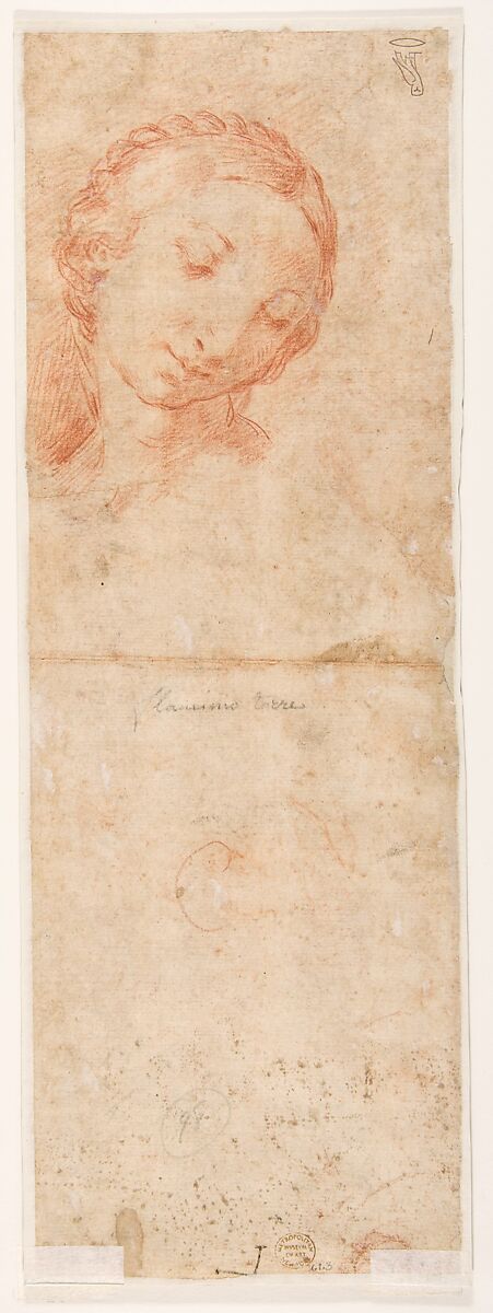 The Virgin Appearing to Saint Jerome (recto); Head of a Young Woman with Braided Hair, Flaminio Torre (Torri) (Italian, Bologna 1620–1661 Modena), Red chalk on brownish paper