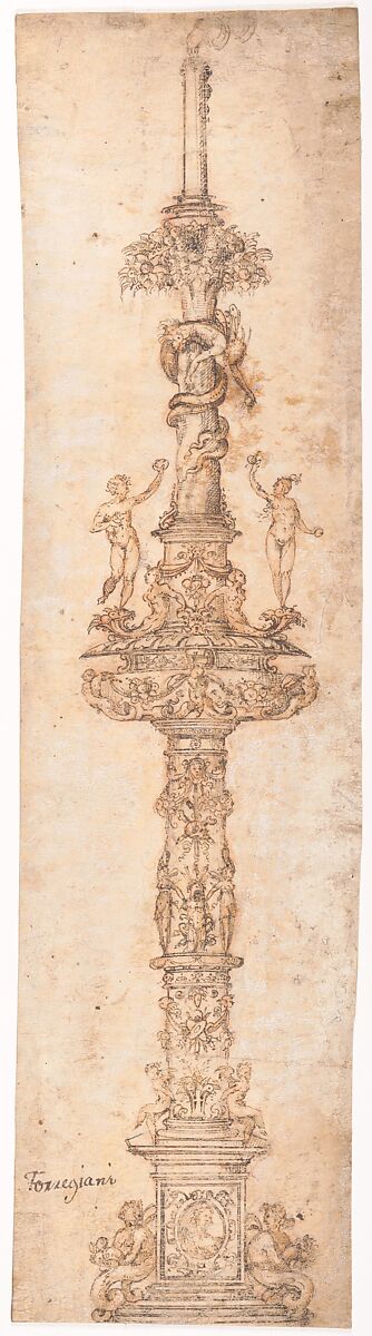 Design for a Candlestick, attributed to Pietro Torrigiano (Italian, Florence 1472–1528 Seville), Pen and brown ink, brush and brown wash, on vellum 
