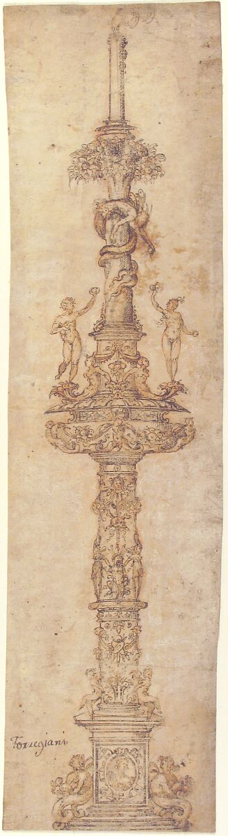 Design for a Candlestick, attributed to Pietro Torrigiano (Italian, Florence 1472–1528 Seville), Pen and brown ink, brush and brown wash, on vellum