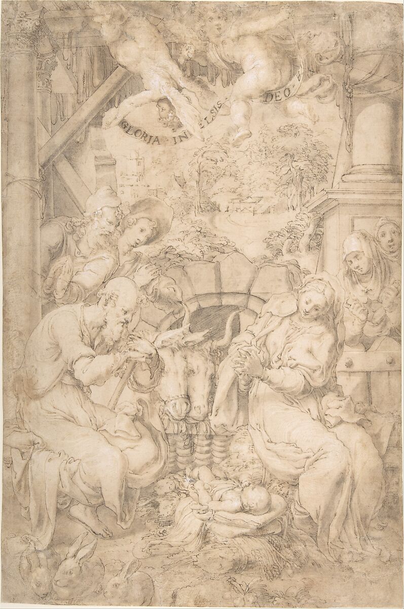 The Adoration of the Shepherds, Trometta (Nicolò Martinelli) (Italian, Pesaro ca. 1535–1611 Rome), Pen and brown ink, brush and pale brown wash, over traces of black chalk, highlighted with white, on beige paper 