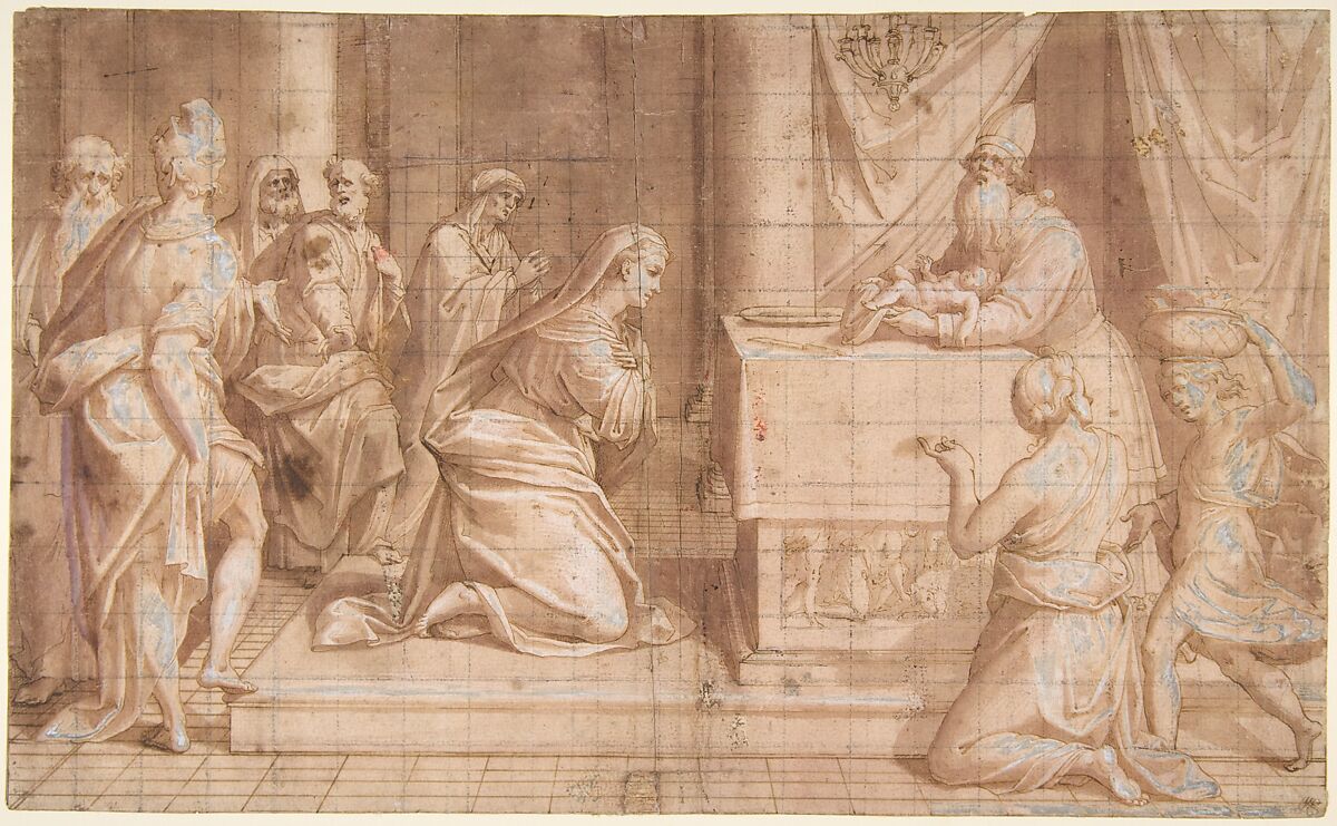 The Circumcision of Jesus, Giovanni Battista Trotti ("Il Malosso") (Italian, Cremona 1556–1619 Parma), Pen and brown ink, brush with brown and gray wash, highlighted with white, squared in black chalk 