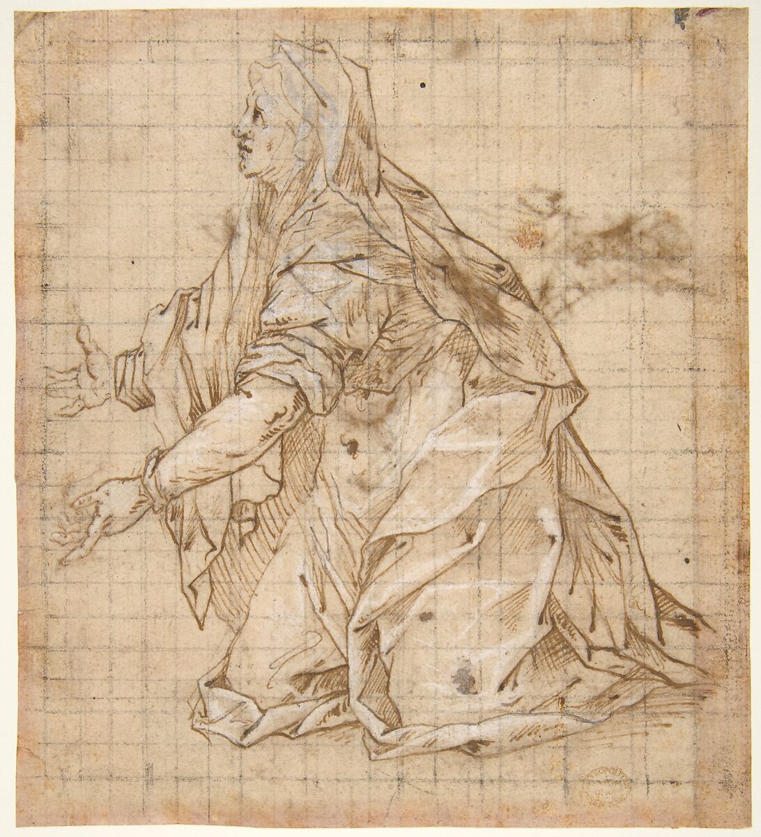 Woman Kneeling Facing Left (recto); Seated Woman Facing Right (verso), Giovanni Battista Trotti ("Il Malosso") (Italian, Cremona 1556–1619 Parma), Pen and brown ink, touched with white, over traces of black chalk, squared for transfer in black chalk (recto), pen and brown ink (verso) 