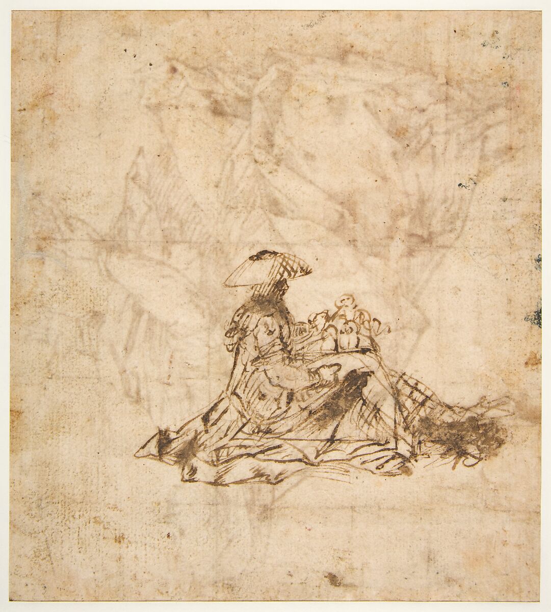 Woman Kneeling Facing Left (recto); Seated Woman Facing Right (verso), Giovanni Battista Trotti ("Il Malosso") (Italian, Cremona 1556–1619 Parma), Pen and brown ink, touched with white, over traces of black chalk (recto); pen and brown ink (verso); squared in black chalk