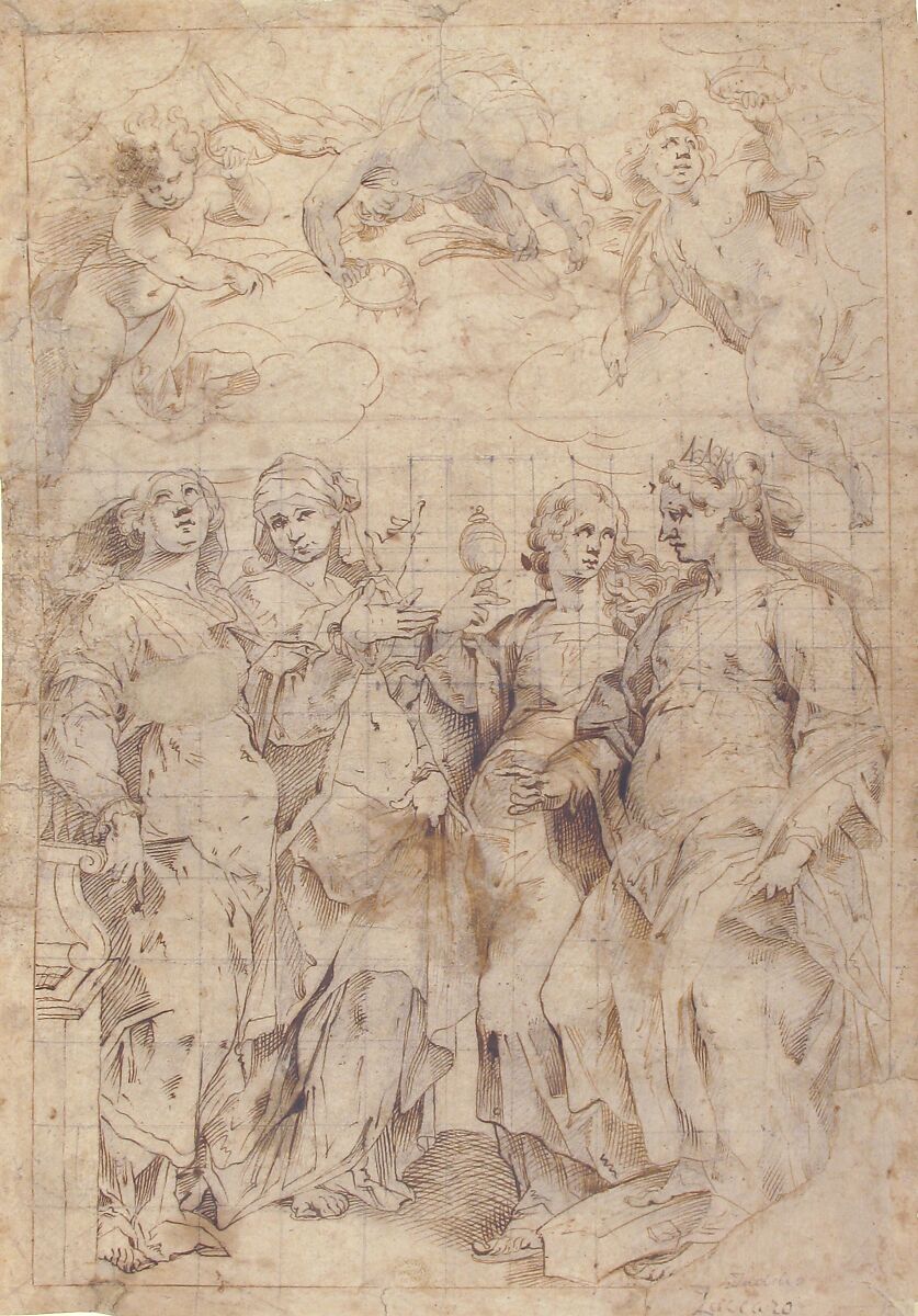 Saint Cecilia, Saint Mary Magdalen, Saint Catherine of Alexandria, and Saint  Agnes, Angels with Palm Branches and Crowns Above (recto); Sketches of Three Standing Figures and Arithmetic Calculations (verso), Panfilo Nuvolone (Italian, Cremona ca. 1578/1581–1651 Milan), Pen and brown ink, over black chalk, partially squared in black chalk (recto); pen and brown ink (verso)