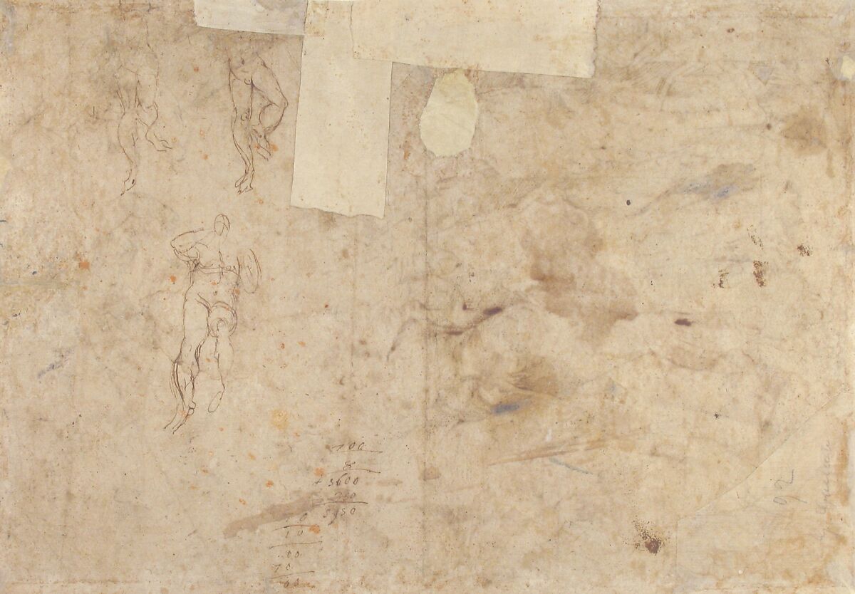 Saint Cecilia, Saint Mary Magdalen, Saint Catherine of Alexandria, and Saint  Agnes, Angels with Palm Branches and Crowns Above (recto); Sketches of Three Standing Figures and Arithmetic Calculations (verso), Panfilo Nuvolone (Italian, Cremona ca. 1578/1581–1651 Milan), Pen and brown ink, over black chalk, partially squared in black chalk (recto); pen and brown ink (verso)