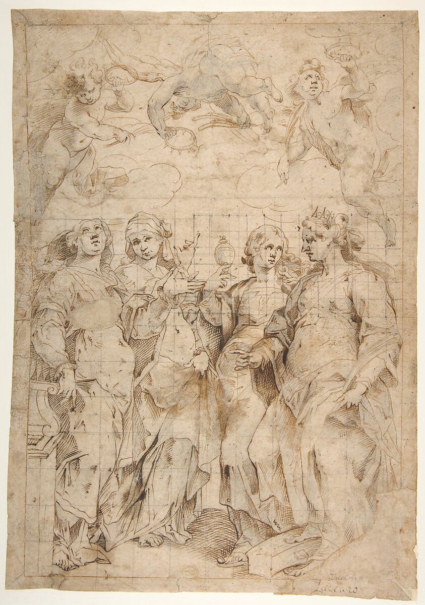 Saint Cecilia, Saint Mary Magdalen, Saint Catherine of Alexandria, and Saint  Agnes, Angels with Palm Branches and Crowns Above (recto); Sketches of Three Standing Figures and Arithmetic Calculations (verso), Panfilo Nuvolone (Italian, Cremona ca. 1578/1581–1651 Milan), Pen and brown ink, over black chalk, partially squared in black chalk (recto); pen and brown ink (verso) 