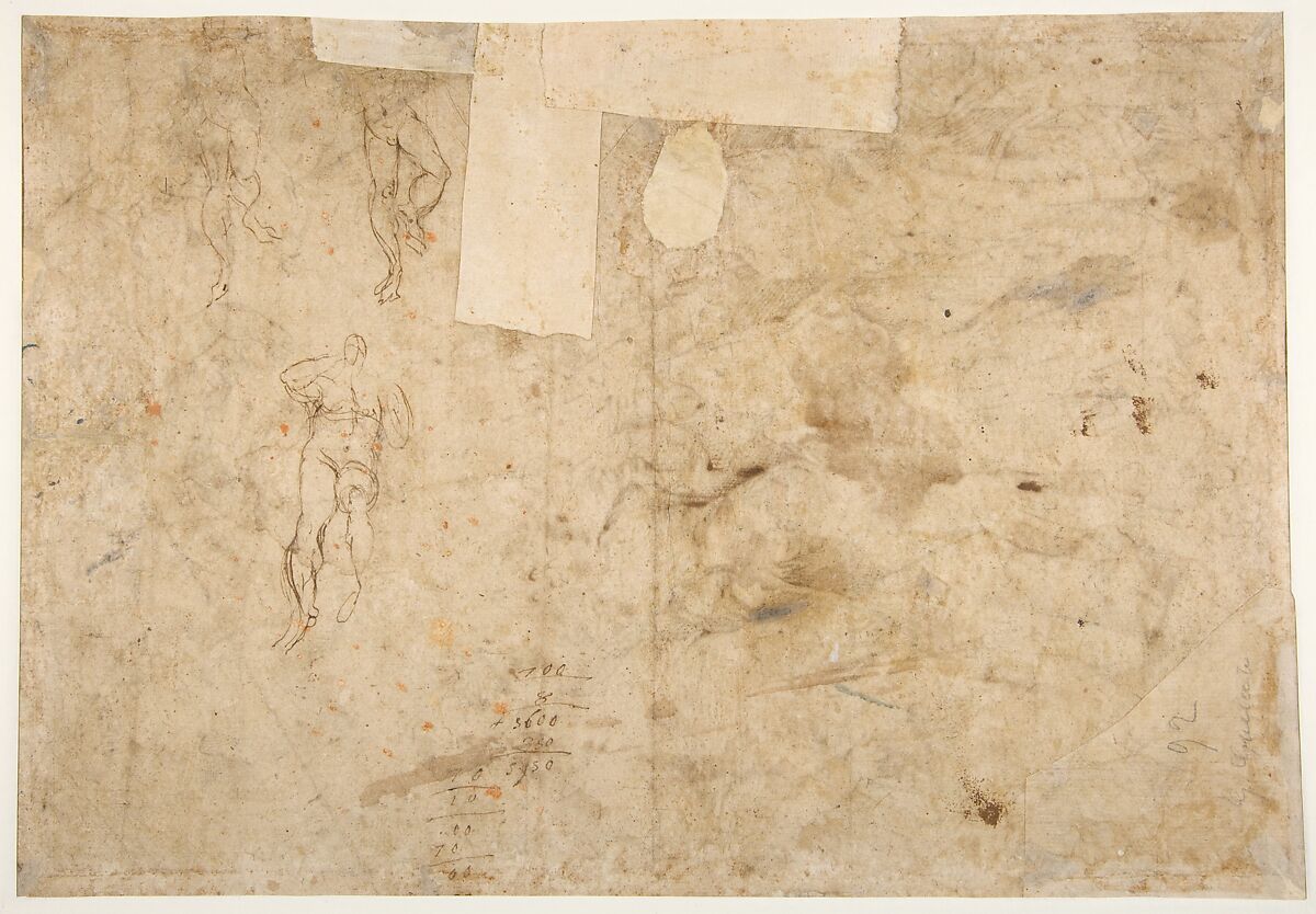 Saint Cecilia, Saint Mary Magdalen, Saint Catherine of Alexandria, and Saint  Agnes, Angels with Palm Branches and Crowns Above (recto); Sketches of Three Standing Figures and Arithmetic Calculations (verso), Panfilo Nuvolone (Italian, Cremona ca. 1578/1581–1651 Milan), Pen and brown ink, over black chalk, partially squared in black chalk (recto); pen and brown ink (verso)