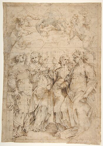 Saint Cecilia, Saint Mary Magdalen, Saint Catherine of Alexandria, and Saint  Agnes, Angels with Palm Branches and Crowns Above (recto); Sketches of Three Standing Figures and Arithmetic Calculations (verso)