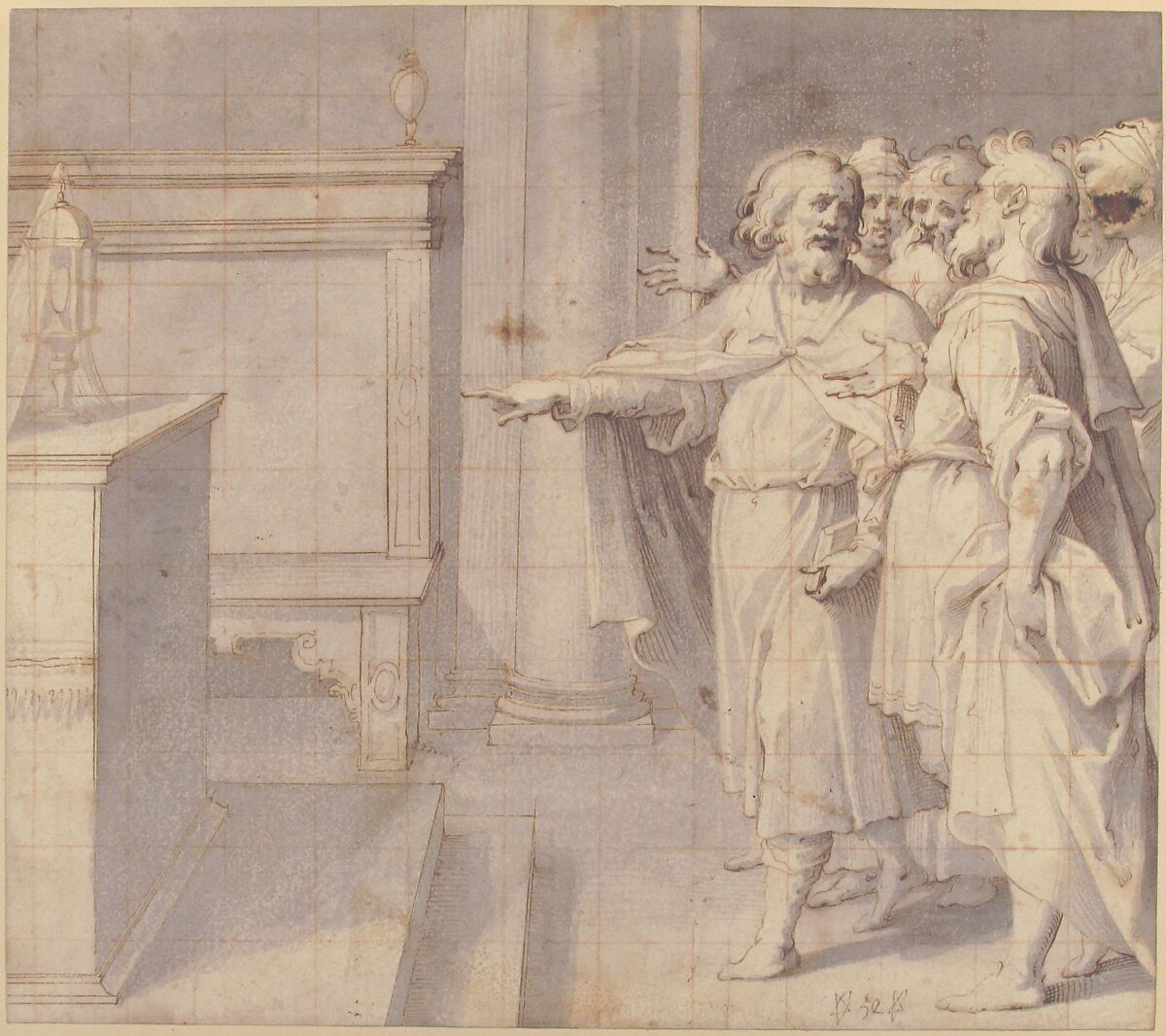 A Male Saint Followed by a Group of Men, Pointing to a Monstrance on an Altar, Giovanni Battista Trotti ("Il Malosso") (Italian, Cremona 1556–1619 Parma), Pen and brown ink, brush and gray wash; squared in red chalk