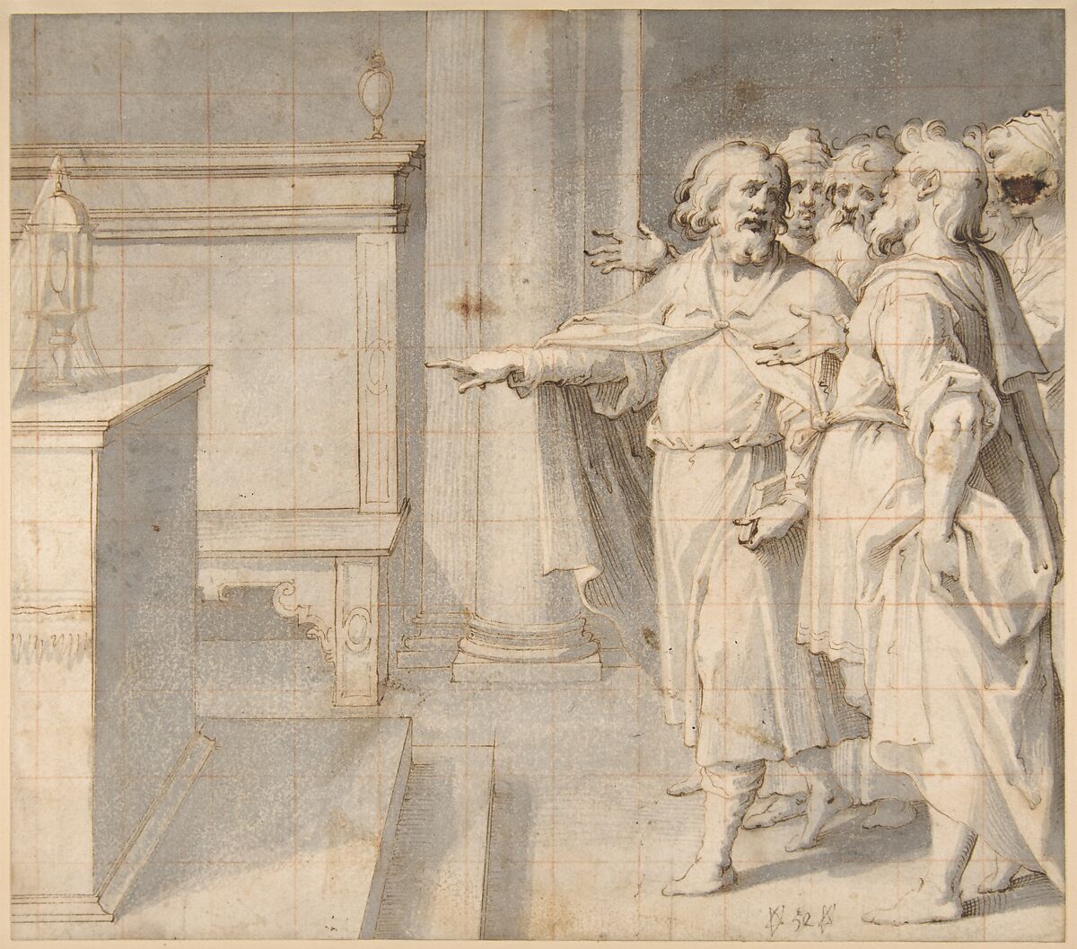 A Male Saint Followed by a Group of Men, Pointing to a Monstrance on an Altar, Giovanni Battista Trotti ("Il Malosso") (Italian, Cremona 1556–1619 Parma), Pen and brown ink, brush and gray wash; squared in red chalk 