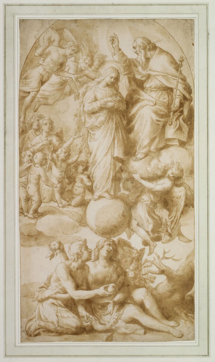 Allegory of the Immaculate Conception with the Fall of Man, Alessandro Turchi (Italian, Verona 1578–1649 Rome), Pen and brown ink, brown wash, over traces of black chalk