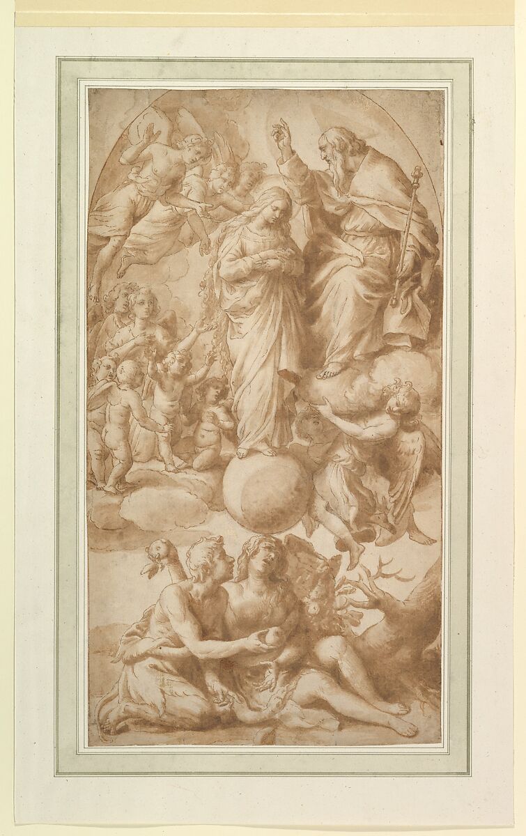 Allegory of the Immaculate Conception with the Fall of Man, Alessandro Turchi (Italian, Verona 1578–1649 Rome), Pen and brown ink, brown wash, over traces of black chalk 