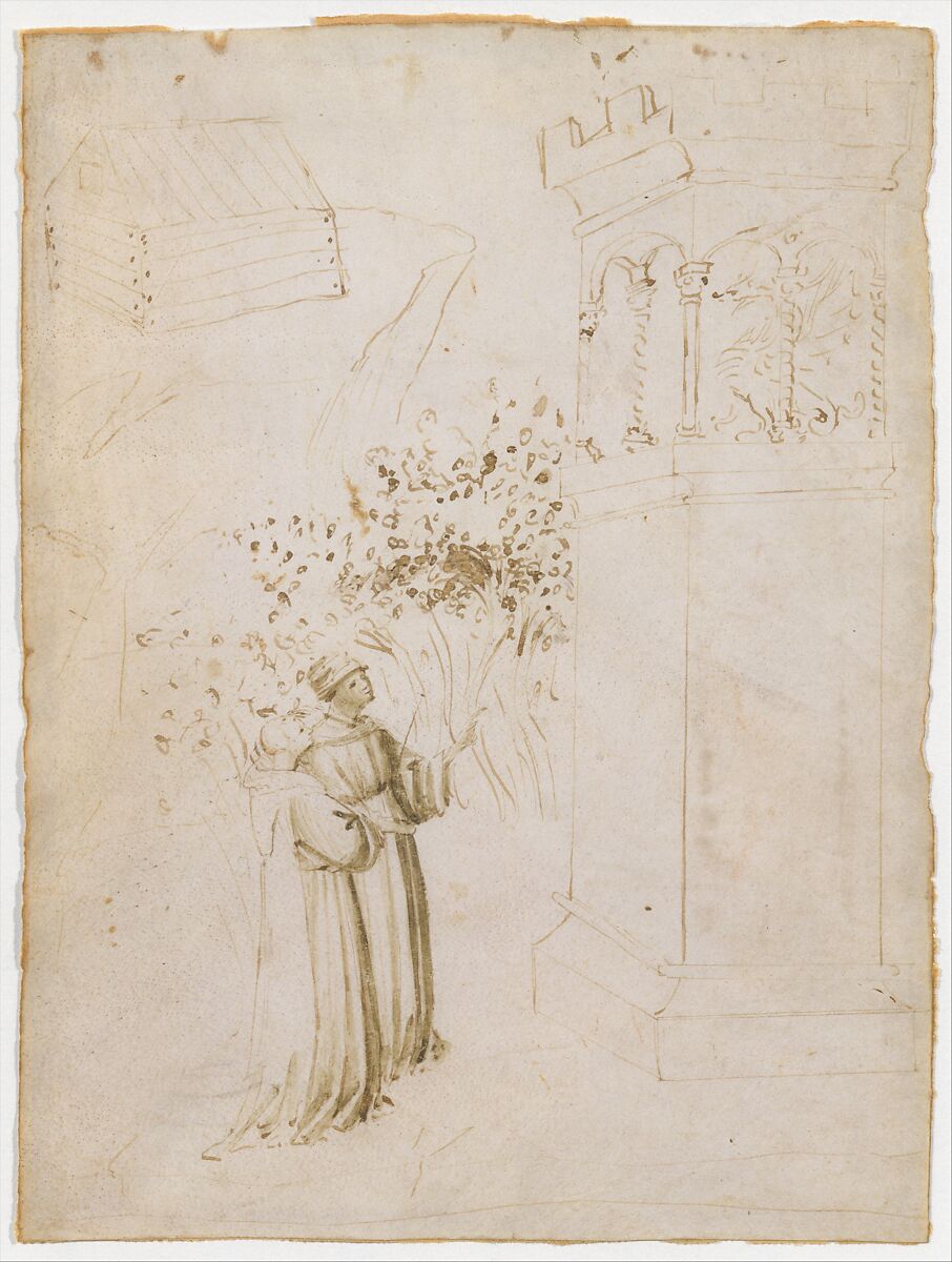 Two Monks Looking up at a Dragon in a Tower, Anonymous, Italian, Tuscan, early 15th century, Pen and brown ink, brush and brown wash, on vellum