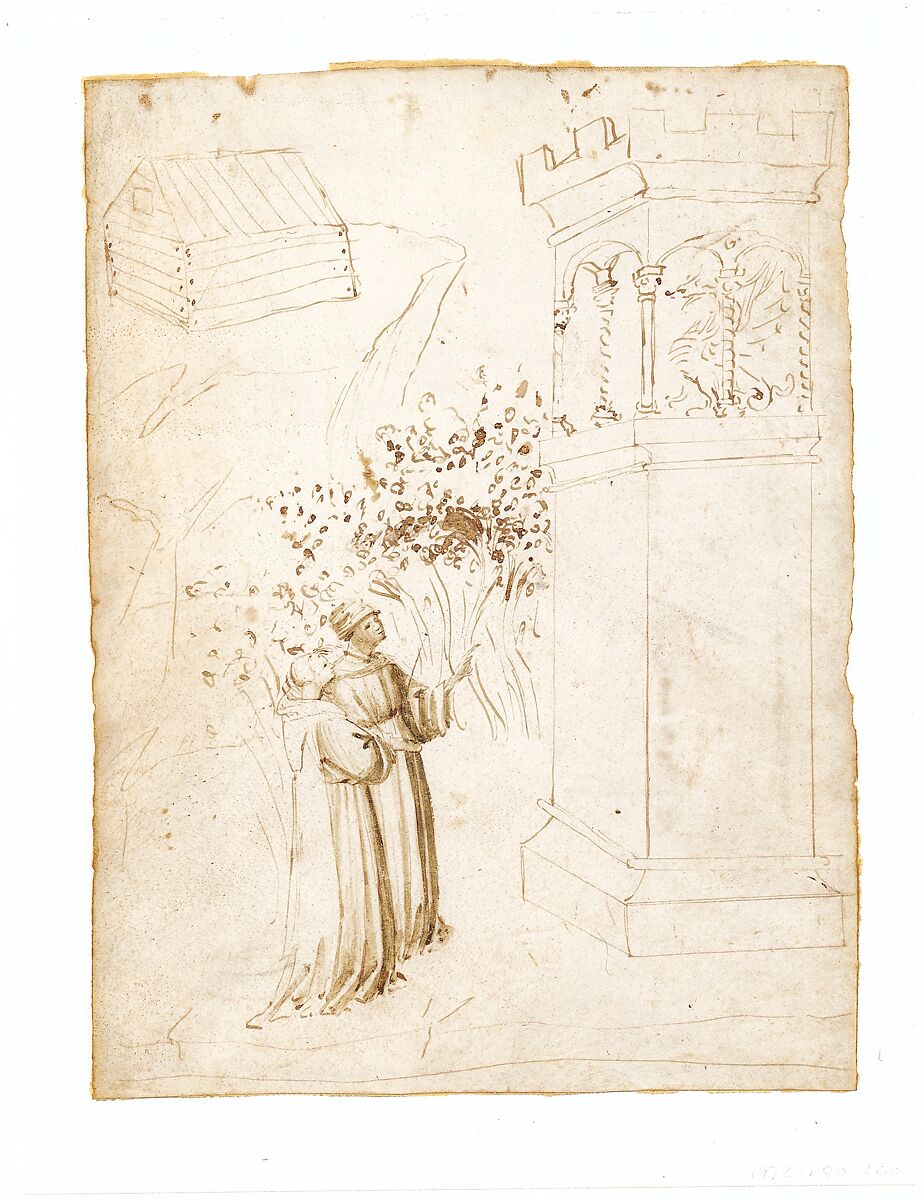 Two Monks Looking up at a Dragon in a Tower, Anonymous, Italian, Tuscan, early 15th century, Pen and brown ink, brush and brown wash, on vellum