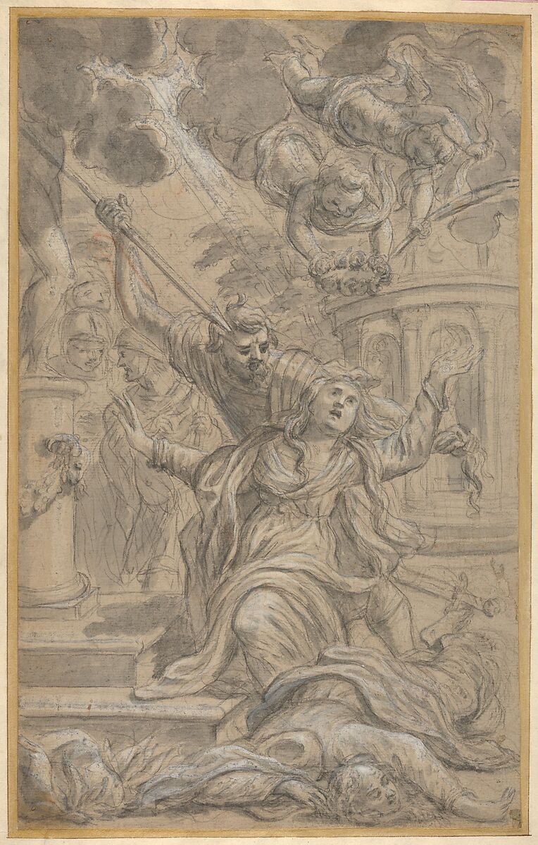 Martyrdom of Two Female Saints, Cosimo Ulivelli (Italian, Florence 1625–1704 Florence), Brush, gray wash, highlighted with white gouache, over black chalk, with traces of red chalk upper left 