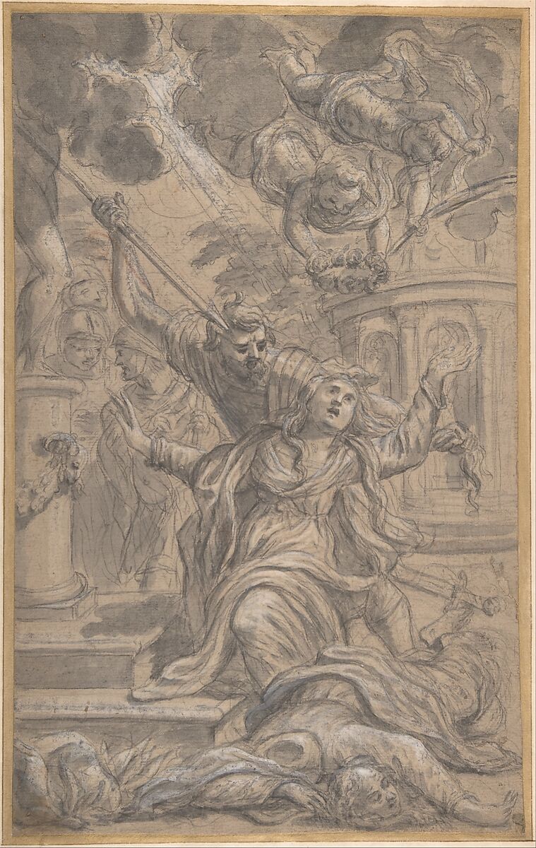 Martyrdom of Two Female Saints, Cosimo Ulivelli (Italian, Florence 1625–1704 Florence), Brush, gray wash, highlighted with white gouache, over black chalk, with traces of red chalk upper left