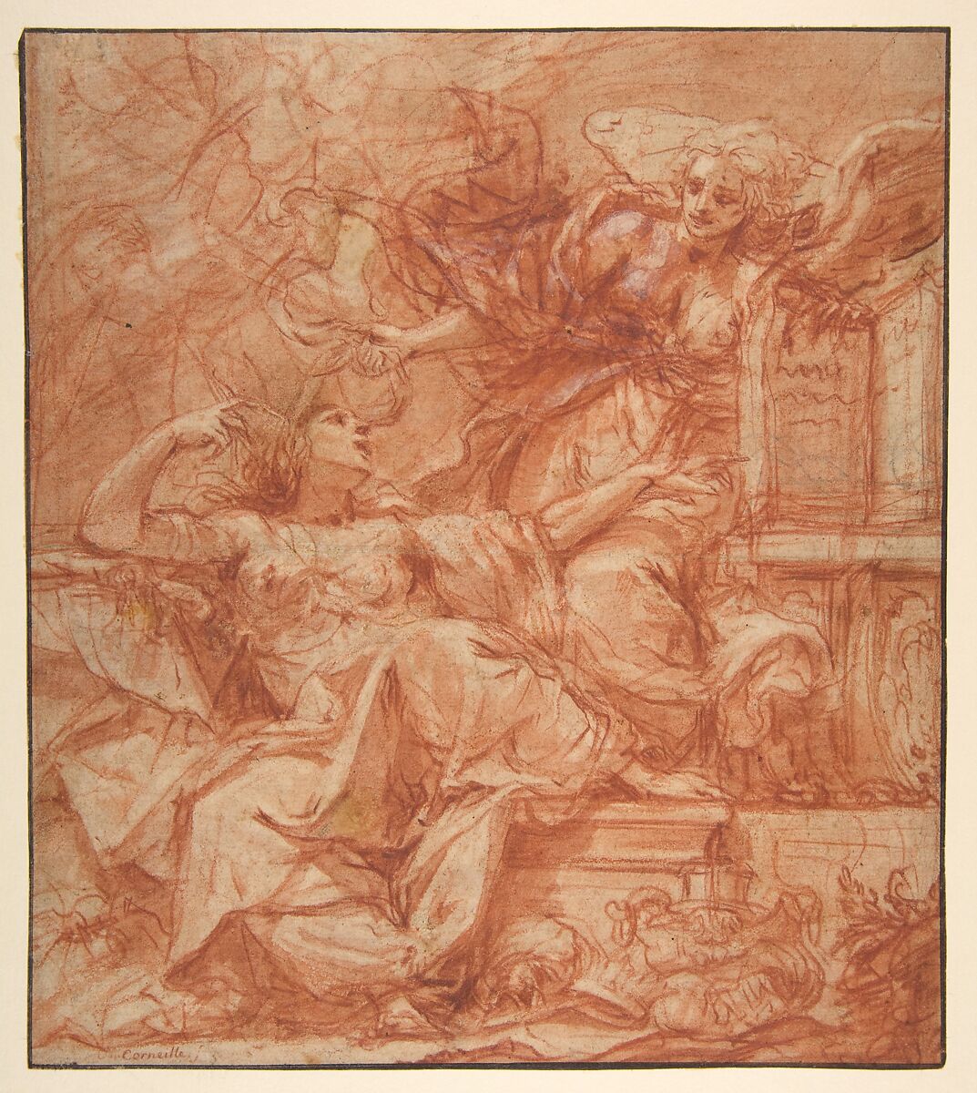Truth Removing the Blinders from the Eyes of Ignorance (recto); Designs for Frames (verso), Cosimo Ulivelli (Italian, Florence 1625–1704 Florence), Red chalk and red wash, traces of white highlighting and black chalk on light brown paper 