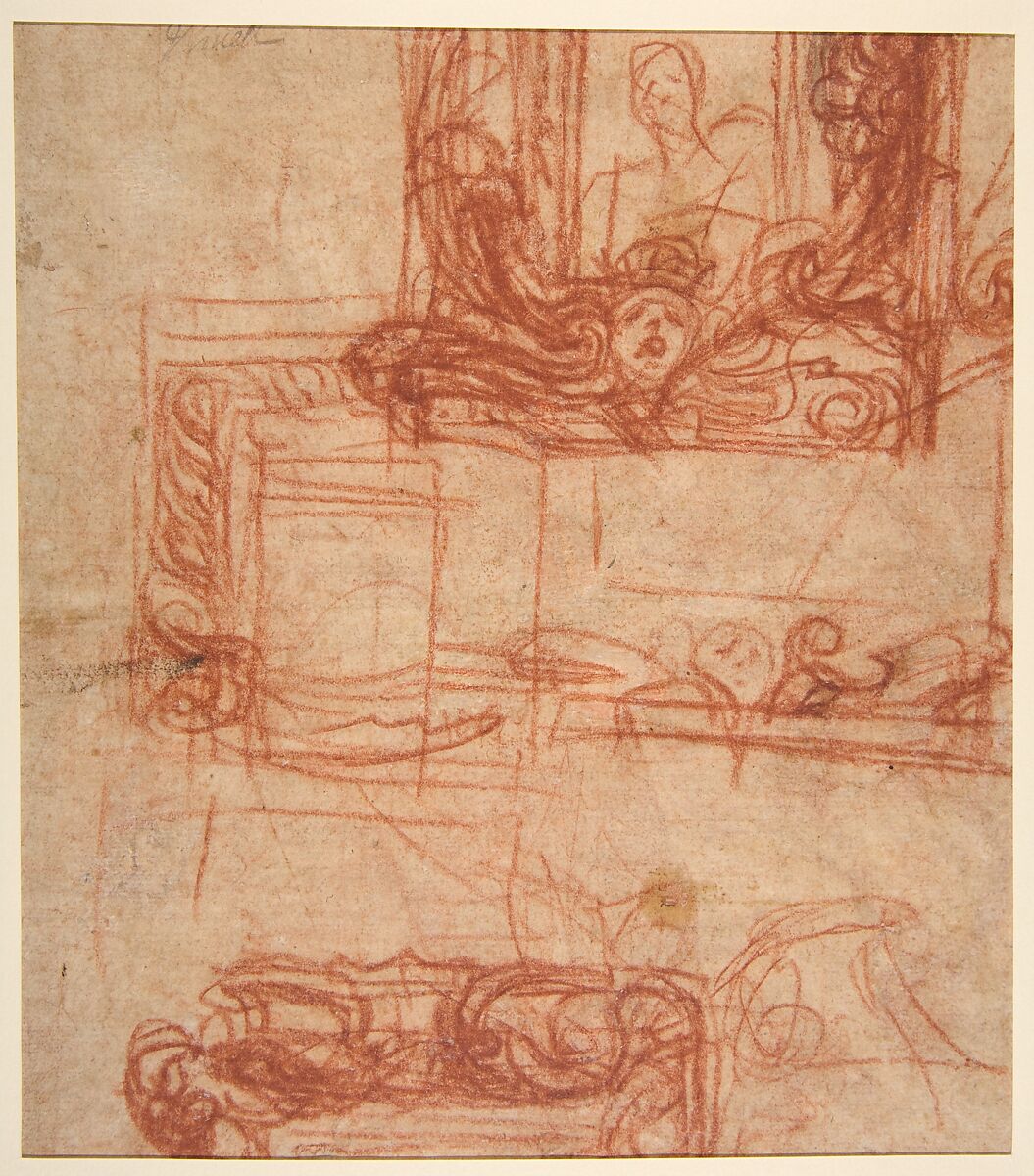 Truth Removing the Blinders from the Eyes of Ignorance (recto); Designs for Frames (verso), Cosimo Ulivelli (Italian, Florence 1625–1704 Florence), Red chalk and red wash, traces of white highlighting and black chalk on light brown paper