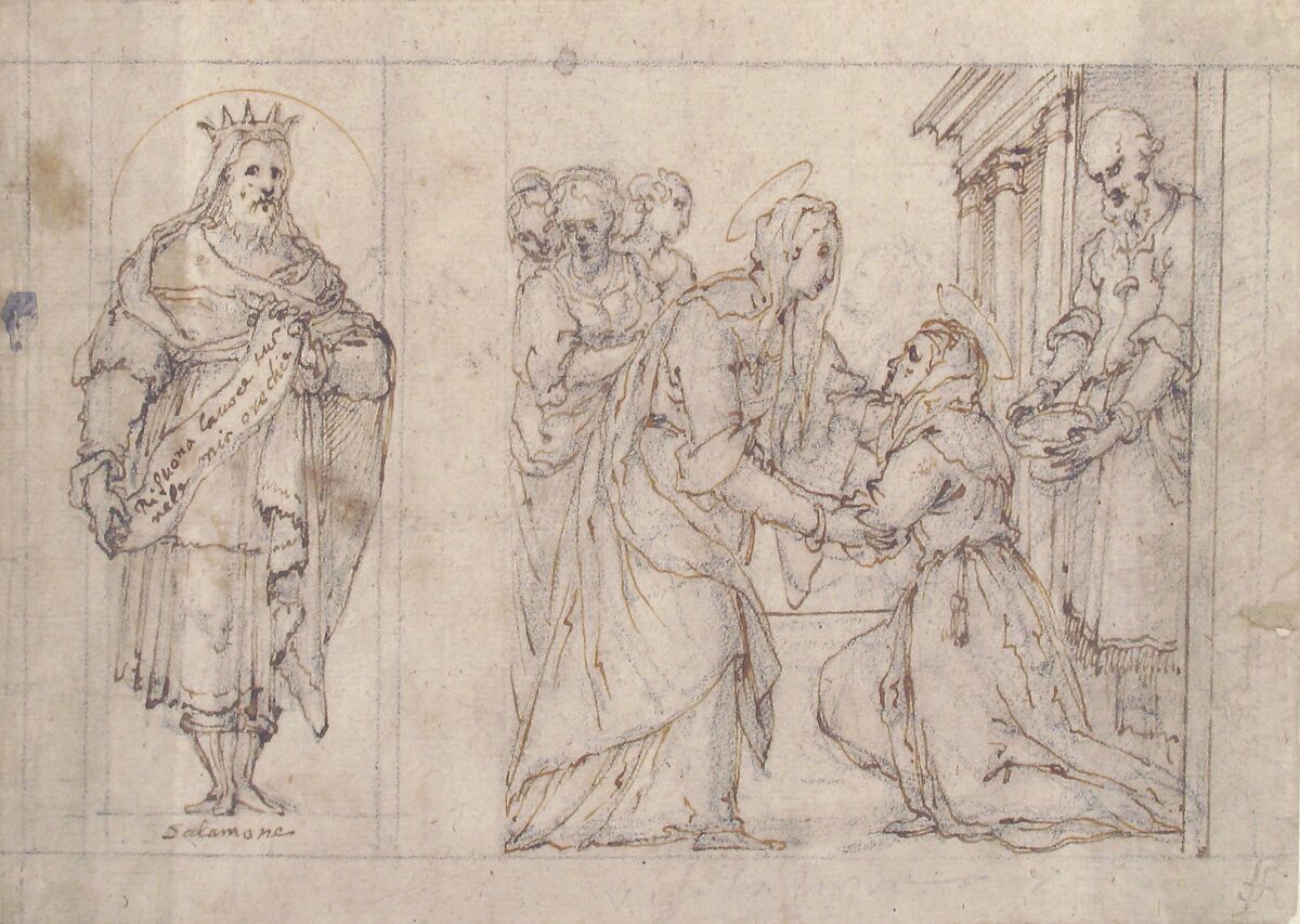 The Visitation of the Virgin to Saint Elizabeth; King Solomon in a Niche at Left., Carlo Urbino (Italian, Crema ca. 1510/20–after 1585 Crema), Pen and brown ink, over black chalk.  Framing lines in black chalk and pen and brown ink