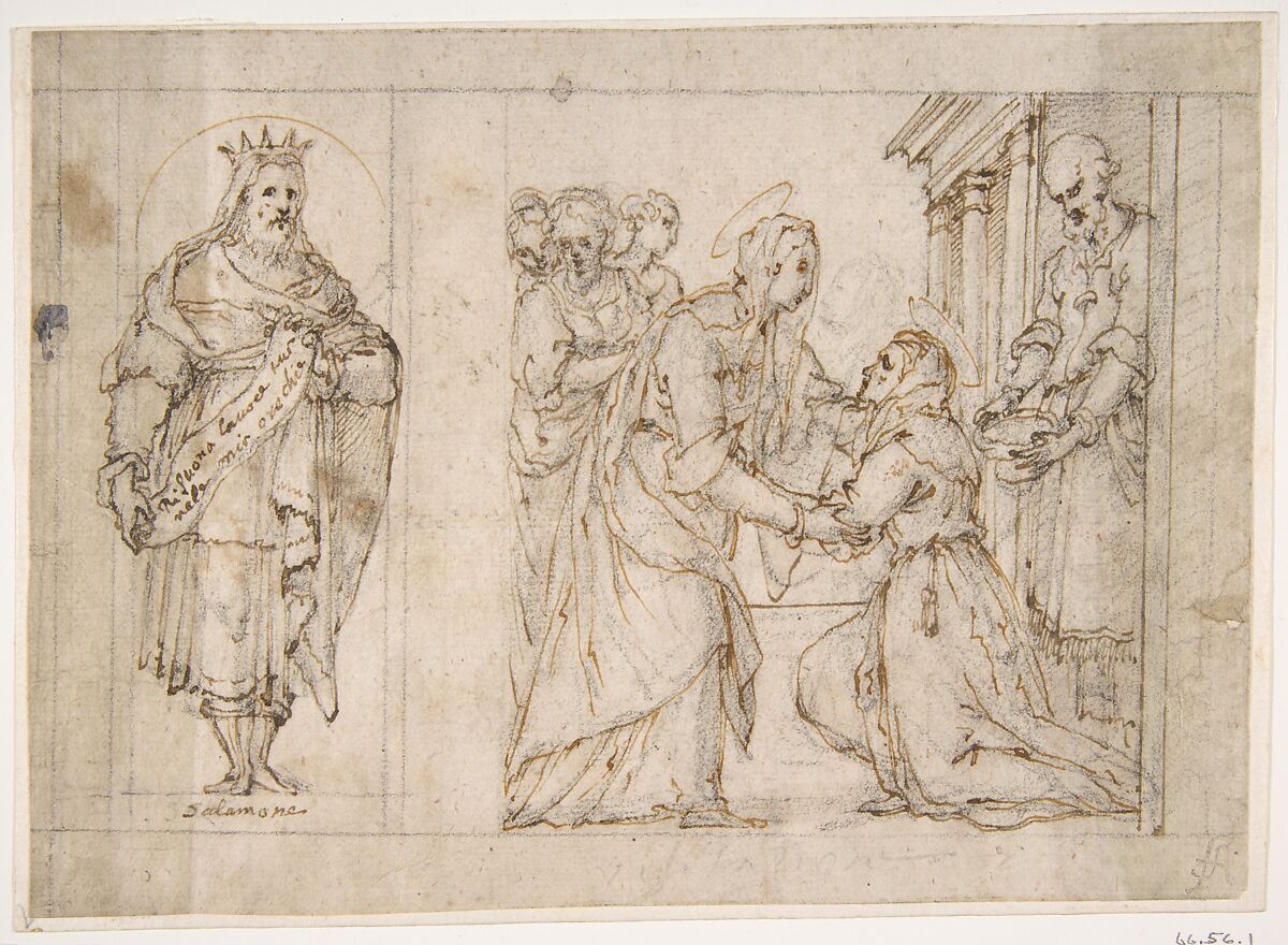 The Visitation of the Virgin to Saint Elizabeth; King Solomon in a Niche at Left., Carlo Urbino (Italian, Crema ca. 1510/20–after 1585 Crema), Pen and brown ink, over black chalk.  Framing lines in black chalk and pen and brown ink 